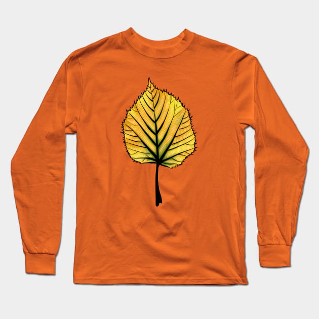 Yellow Linden Leaf On Orange | Decorative Botanical Art Long Sleeve T-Shirt by Boriana Giormova